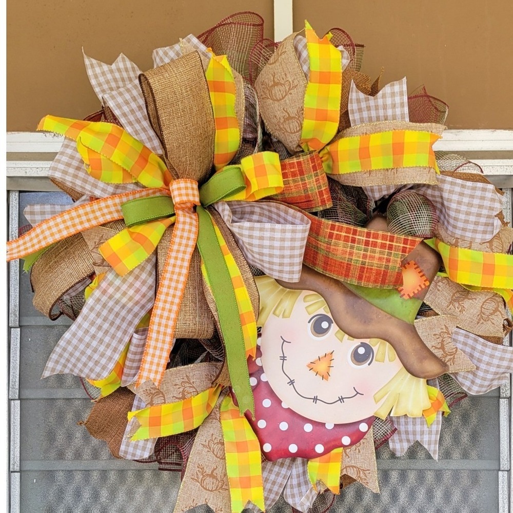 Fall Scarecrow Wreath Autumn Front Door Decor Burlap Gingham Thanksgiving